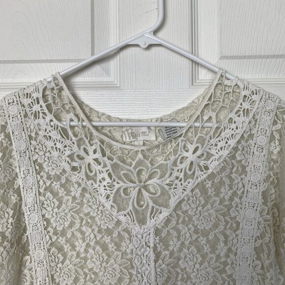 Miss Me Lace Crochet Size Small Top Ivory White Short Sleeve Blouse - Picture 5 of 11